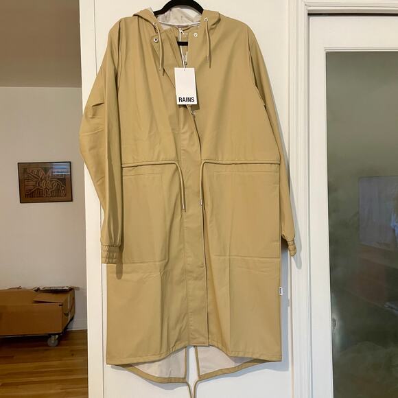 NWT RAINS Unisex Long Rain Jacket Hood Hooded String Parka Sand sz L - Picture 3 of 16